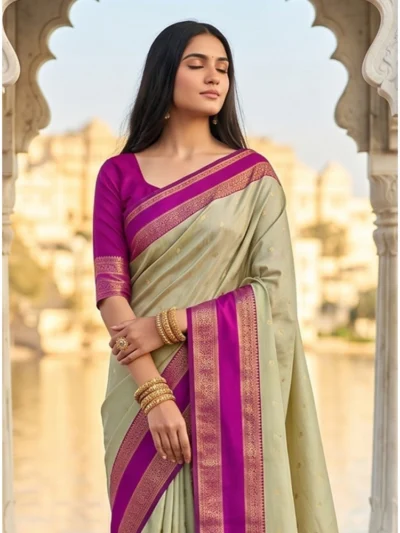 Women's Silk Blend Printed Saree With Unstitched Blouse 5.5Mtr (Light Green-Pink)