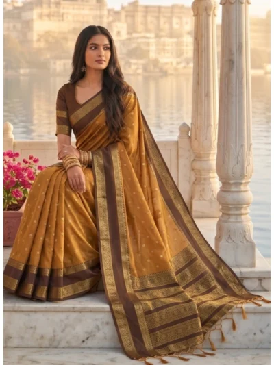 Women's Silk Blend Printed Saree With Unstitched Blouse 5.5Mtr (Mustard-Brown)