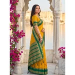 Women's Silk Blend Printed Saree With Unstitched Blouse 5.5Mtr (Yellow-Green) - Image 4