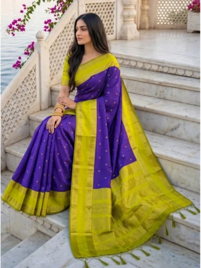 Women's Silk Blend Printed Saree With Unstitched Blouse 5.5Mtr (Purple-Green)