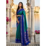 Women's Silk Blend Printed Saree With Unstitched Blouse 5.5Mtr (Teal-Blue) - Image 4
