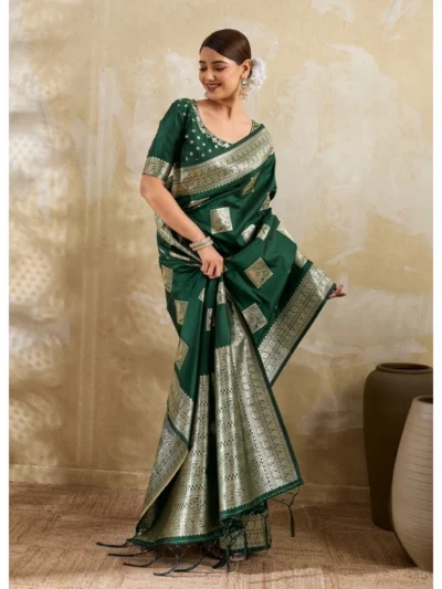 Women's Silk Blend Printed Saree With Unstitched Blouse 5.5Mtr (Dark Green)