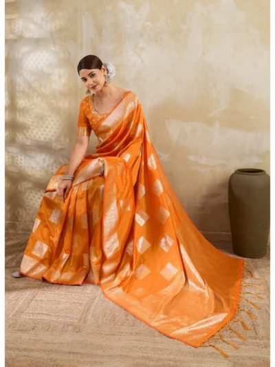 Women's Silk Blend Printed Saree With Unstitched Blouse 5.5Mtr (Orange)