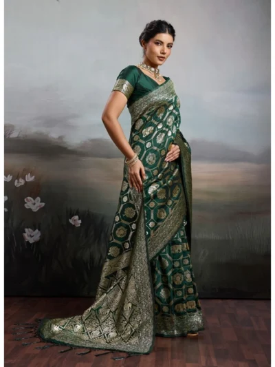 Women's Silk Blend Printed Saree With Unstitched Blouse 5.5Mtr (Bottel Green)
