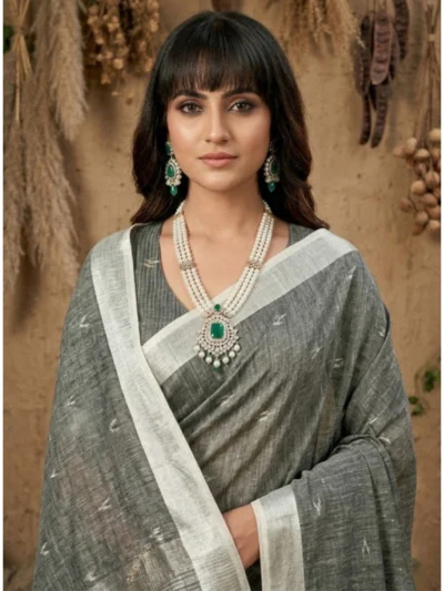Women's Linen Cotton Printed Saree With Unstitched Blouse 5.5Mtr (Gray)