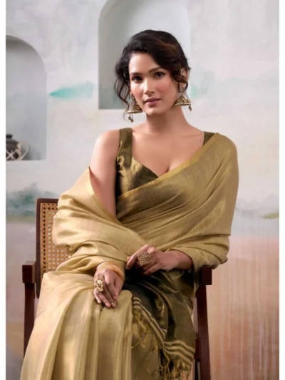 Women's Tissue Silk Solid Saree With Unstitched Blouse 5.5Mtr (Gold)
