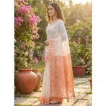 Women's Linen Cotton Printed Saree With Unstitched Blouse 5.5Mtr (White)