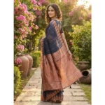 Women's Linen Cotton Printed Saree With Unstitched Blouse 5.5Mtr (Navy Blue) - Image 3