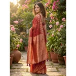 Women's Linen Cotton Printed Saree With Unstitched Blouse 5.5Mtr (Red) - Image 3