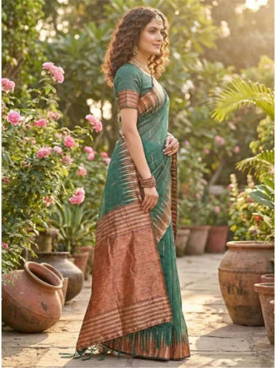 Women's Linen Cotton Printed Saree With Unstitched Blouse 5.5Mtr (Green)