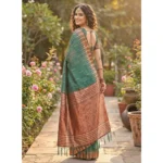 Women's Linen Cotton Printed Saree With Unstitched Blouse 5.5Mtr (Green) - Image 3