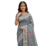 Women's Linen Cotton Floral Embroidered Saree With Unstitched Blouse 5.5Mtr (Gray)