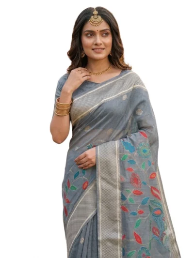 Women's Linen Cotton Floral Embroidered Saree With Unstitched Blouse 5.5Mtr (Gray)