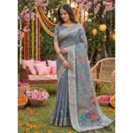 Women's Linen Cotton Floral Embroidered Saree With Unstitched Blouse 5.5Mtr (Gray) - Image 2