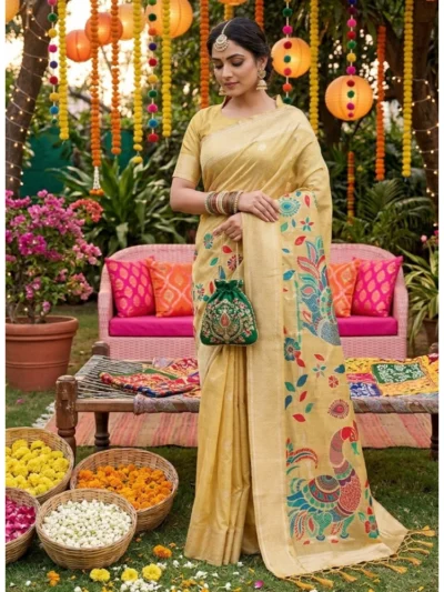 Women's Linen Cotton Floral Embroidered Saree With Unstitched Blouse 5.5Mtr (Yellow)