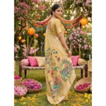 Women's Linen Cotton Floral Embroidered Saree With Unstitched Blouse 5.5Mtr (Yellow) - Image 3