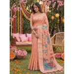 Women's Linen Cotton Floral Embroidered Saree With Unstitched Blouse 5.5Mtr (Peach)
