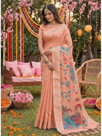 Women's Linen Cotton Floral Embroidered Saree With Unstitched Blouse 5.5Mtr (Peach)