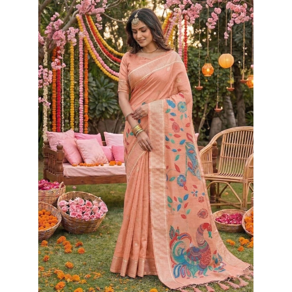 PID-67128-Generic-Women-s-Linen-Cotton-Floral-Embroiderd-Saree-With-Unstitched-Blouse-5-5-Mtr-Peach-1000x1000-1.webp Women's Linen Cotton Floral Embroidered Saree With Unstitched Blouse 5.5Mtr (Peach) - Image 1
