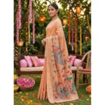 Women's Linen Cotton Floral Embroidered Saree With Unstitched Blouse 5.5Mtr (Peach) - Image 3