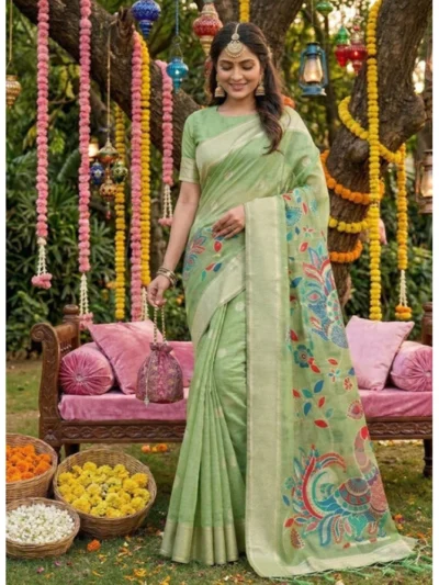 Women's Linen Cotton Floral Embroidered Saree With Unstitched Blouse 5.5Mtr (Light Green)