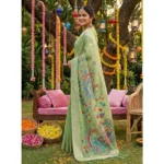 Women's Linen Cotton Floral Embroidered Saree With Unstitched Blouse 5.5Mtr (Light Green) - Image 3