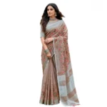 Women's Linen Floral Embroidered Saree With Unstitched Blouse 5.5Mtr (Brown) - Image 2