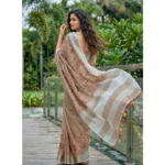 Women's Linen Floral Embroidered Saree With Unstitched Blouse 5.5Mtr (Brown) - Image 3