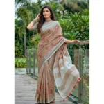 Women's Linen Floral Embroidered Saree With Unstitched Blouse 5.5Mtr (Brown) - Image 5