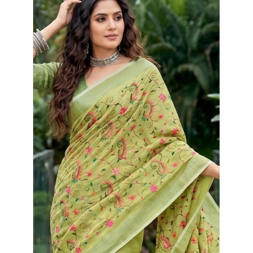 PID-67136-Generic-Women-s-Linen-Floral-Embroiderd-Saree-With-Unstitched-Blouse-5-5-Mtr-Light-Green-1000x1000-1.webp Women's Linen Floral Embroidered Saree With Unstitched Blouse 5.5Mtr (Light Green) - Image 1
