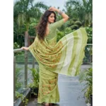 Women's Linen Floral Embroidered Saree With Unstitched Blouse 5.5Mtr (Light Green) - Image 3