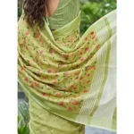 Women's Linen Floral Embroidered Saree With Unstitched Blouse 5.5Mtr (Light Green) - Image 4