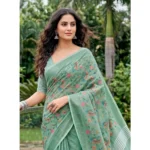 Women's Linen Floral Embroidered Saree With Unstitched Blouse 5.5Mtr (Sea Green)