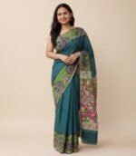 Women's Linen Kalamkari Printed Saree With Unstitched Blouse - 5.5 Mtr (Teal)