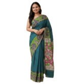 Women's Linen Kalamkari Printed Saree With Unstitched Blouse - 5.5 Mtr (Teal) - Image 2