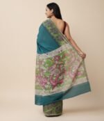 Women's Linen Kalamkari Printed Saree With Unstitched Blouse - 5.5 Mtr (Teal) - Image 3