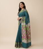 Women's Linen Kalamkari Printed Saree With Unstitched Blouse - 5.5 Mtr (Teal) - Image 4