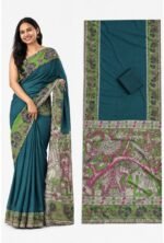 Women's Linen Kalamkari Printed Saree With Unstitched Blouse - 5.5 Mtr (Teal) - Image 5