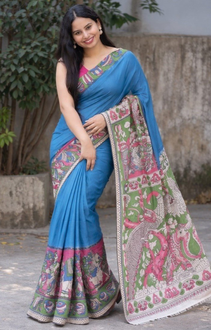 Bg Remover 9 -1000 * 1100 - BSB253SAVYYYC551_Sky_Main Women's Linen Kalamkari Printed Saree With Unstitched Blouse - 5.5 Mtr (Blue) - Image 1