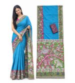 Women's Linen Kalamkari Printed Saree With Unstitched Blouse - 5.5 Mtr (Blue) - Image 5