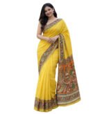 Women's Linen Kalamkari Printed Saree With Unstitched Blouse - 5.5 Mtr (Yellow) - Image 2