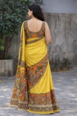 Women's Linen Kalamkari Printed Saree With Unstitched Blouse - 5.5 Mtr (Yellow) - Image 3