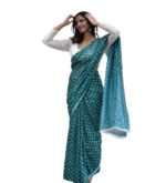 Women's Linen Floral Printed Saree With Unstitched Blouse - 5.5 Mtr (Teal Green) - Image 2