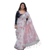 Women's Linen Paisley Printed Saree With Unstitched Blouse - 5.5 Mtr (White-Red) - Image 2
