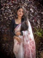 Women's Linen Paisley Printed Saree With Unstitched Blouse - 5.5 Mtr (White-Red) - Image 3