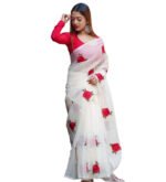 Women's Linen Floral Printed Saree With Unstitched Blouse - 5.5 Mtr (White-Red) - Image 2