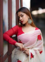 Women's Linen Floral Printed Saree With Unstitched Blouse - 5.5 Mtr (White-Red) - Image 3