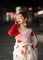 Women's Linen Floral Printed Saree With Unstitched Blouse - 5.5 Mtr (White-Red) - Image 5