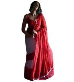 Women's Linen Printed Saree With Unstitched Blouse - 5.5 Mtr (White-Red) - Image 2