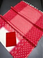 Women's Linen Printed Saree With Unstitched Blouse - 5.5 Mtr (White-Red) - Image 3